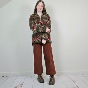 Vintage Y2K Floral 1/4 Zip Fleece Olive Maroon M/L